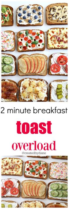 the cover of two minute breakfast toast overload with different types of food on it