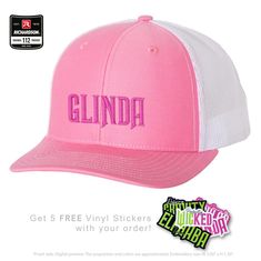 a pink and white trucker hat with the word clinda on it's front