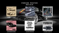 an advertisement for the porsche poster decals is shown in multiple colors and font options