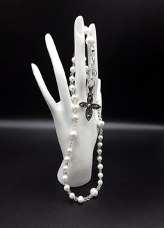 Elegant White Cross Rosary, Elegant White Pearl Rosary, Elegant Pearl Rosary With Cross, Elegant White Rosary With Round Beads, Anglican Rosary, Rosary Necklace, White Freshwater Pearl, Ancient Greece, Silver Cuff Bracelet