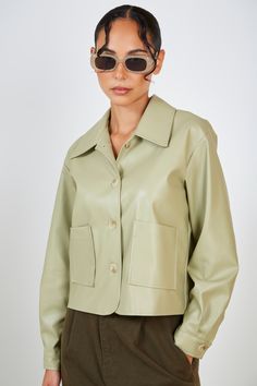 Olive green vegan leather button up jacket | Glassworks London Jacket With Collar, Leather Button Up, Boxy Jacket, Olive Green Jacket, London Free, Button Up Jacket, Buy Now Pay Later, Fall Jackets, Summer Sale