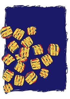 a bunch of yellow and red boxes on a blue background