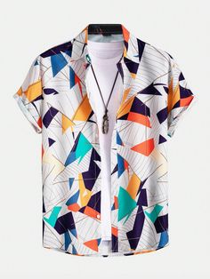 Multicolor Casual Collar Short Sleeve Fabric Geometric,All Over Print Shirt Embellished Non-Stretch Summer Men Clothing Beach Tops With Geometric Pattern And Short Sleeves, Multicolor Patchwork Shirt For Vacation, White Short Sleeve Tops With Colorful Pattern, White Patchwork Tops For Vacation, Long Sleeve Shirt With Geometric Pattern For Summer, Trendy Geometric Pattern Spring Shirt, Casual Summer Shirt With Geometric Pattern, White Shirt With Geometric Pattern For Summer, White Tops With Colorful Pattern For Vacation