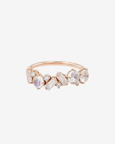 This ring is one of our most iconic Kalan styles. It utilizes a blend of beautiful round and baguette-cut rainbow moonstones with shimmering white diamonds, making it glisten at every angle. Details 14k rose gold or yellow gold 4x2mm baguette-cut rainbow moonstones 4mm round rainbow moonstones 0.08 carats of round white diamonds 6mm width Ref: PR512-RM Diamond Top, Bling Rings, Moon Stone, Color Swatches, Amalfi, Rainbow Moonstone, Diamond White, Moonstone, Jewelry Box