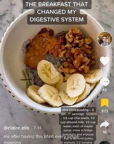 the breakfast that changed my digest system is in a bowl with nuts, bananas and other foods