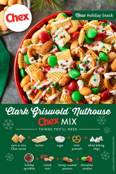 christmas snack mix in a red bowl with the title overlay reading clark griswald's nuthouse chex mix