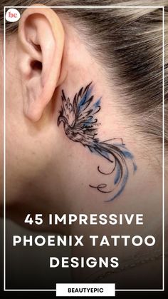 a woman's ear with the words, 45 impressive phoenix tattoo designs