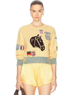 Bode - Cropped Appliquéd Intarsia Alpaca And Merino Wool-Blend Sweater color:yellow Yellow Sweater, Baby Alpaca, Embroidered Patch, Knitwear Women, Crewneck Sweater, Embroidered Patches, Dry Clean Only, Crew Neck Sweater, Alpaca