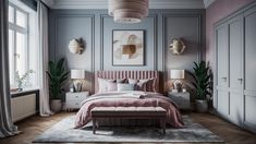 a bedroom with gray walls, pink bedding and wooden flooring is pictured in this image