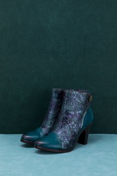 SOFFIA | FLORAL EMBOSSED METALLIC LEATHER ANKLE BOOT - TEAL – SMAIBULUN Leather Upper, Ankle Boots, Premium Quality, Floral Design, Comfort Fit