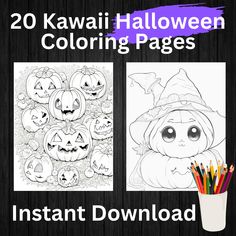 two halloween coloring pages with pumpkins and jack o lantern faces on them, one is black and white