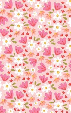 a pink background with hearts and daisies on the bottom, in various sizes and colors