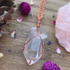 "☾ Large Clear Quartz Necklace ☾ High quality, rough Clear Quartz point in its natural form in a secure & subtle setting that highlights the stone These pendants come in pure copper or sterling silver. Choose from an adjustable Faux leather chord (vegan friendly) a matching 18\" copper chain or a matching 18\" sterling silver chain. Faux leather chords are \"vegan friendly\" because they are actually cotton made to look like leather. These chords are also tied to be adjustable so you can wea Spiritual Electroformed Crystal Necklaces As Gifts, Spiritual Electroformed Crystal Necklace As Gift, Spiritual Clear Crystal Necklace For Healing, Spiritual Rose Gold Pendant Crystal Necklace, Clear Quartz Necklace, Clear Quartz Point, Natural Form, Quartz Jewelry, Copper Chain