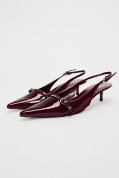 SLINGBACK BUCKLE SHOES - Burgundy Red | ZARA United States Cherry Core, Glam Casual, Red Kitten Heels, Clothing Board, Heels Designer, Cardigan Sweater Dress, Slingback Shoes, Buckle Shoes, Summer 24