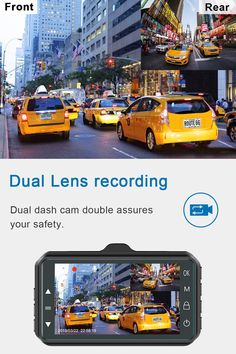 an image of taxi cabs on the street with text that reads dual lens recording