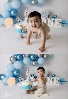 two photos of a baby in front of a cake and balloons with the first photo being taken