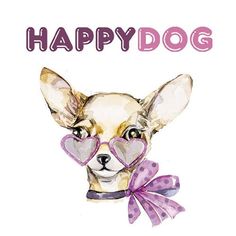 a drawing of a dog with glasses and a bow on its head that says happy dog