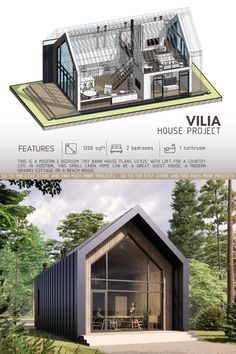 two different views of a house in the woods