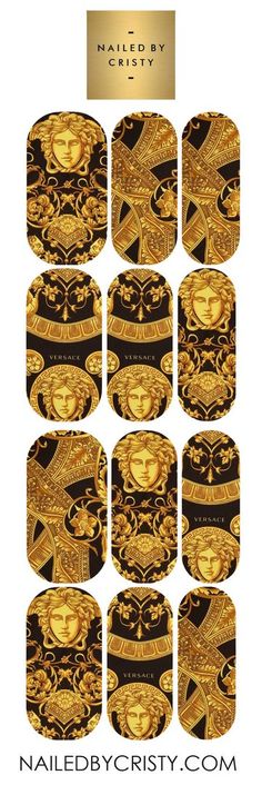 Luxury Press On Nails Handcrafted by Nail Artist Cristy Sanchez. Versace Nails, Gold Nail Decals, Christmas Nail Art Easy, Bright Red Nails, Gold Nail Polish, Nail Logo, Red Nail Polish, White Nail Polish, Nail Art Brushes