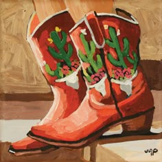 an oil painting of a pair of red cowboy boots with cactus decorations on the inside