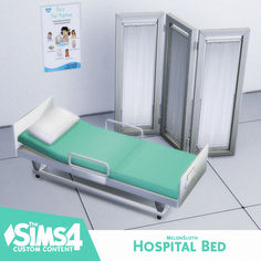 a hospital bed with the doors open next to it's privacy screen and poster