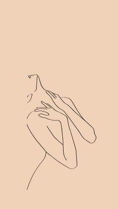 a line drawing of a woman's face with her hands on her chest, in front of a beige background