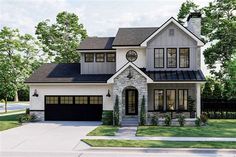 this is a computer rendering of the front elevation of these modern houseplans and garages