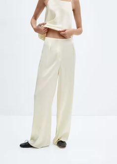 Flowy satin pants -  Women | Mango USA Mango Trousers, Oversized Wool Coat, Satin Trousers, Satin Pants, Straight Trousers, Total Look, Silk Pants, Satin Top, Pantalon Large