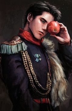 a painting of a man holding an apple