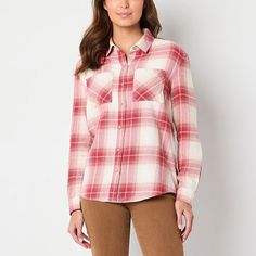 This a.n.a women's long-sleeve button-down shirt will quickly become your new go-to for casual days. Made from 100% cotton for a regular-fit, it features a point collar, cuffed sleeves, and two chest slip pockets. Style it with cargo pants and hoop earrings for an on-trend look. Features: EssentialsClosure Type: ButtonFit: Regular FitNeckline: Collar NeckPockets: 2 Chest Slip PocketsSleeve Length: Long SleeveSleeve Style: Cuffed SleeveApparel Length: 27.5 Inches - Back, 28 Inches - FrontFiber Co Relaxed Fit Long Sleeve Flannel Shirt With Button Closure, Spring Long Sleeve Relaxed Fit Flannel Shirt, Fall Shirt With Button Closure And Shirttail Hem, Winter Button-up Blouse With Relaxed Fit, Red Button-up Flannel Shirt For Spring, Winter Relaxed Fit Button-up Blouse, Casual Pink Button-up Flannel Shirt, Pink Long Sleeve Casual Flannel Shirt, Casual Pink Long Sleeve Flannel Shirt