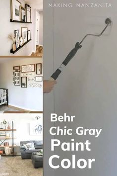 a collage of photos with the words behr chic gray paint color on it