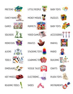 a poster with different toys and words on it