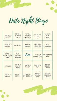 a green and white printable game with the words late night bingo on it