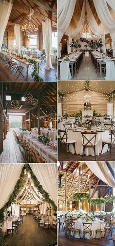 the inside of a barn decorated with white draping and greenery is shown