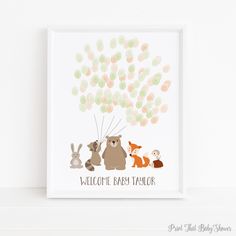 an animal nursery art print with the words welcome baby