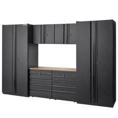 a black garage cabinet with drawers and cabinets on the side, next to a white background