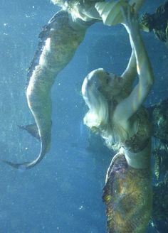 two mermaids are swimming in the water together