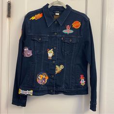 Listing For A Custom Made Disney Denim Jean Jacket. A Total Of 25 Patches, Each Patch Retails For $10+ Women’s Xl Levi’s Denim Jacket, See Pictures For Measurements. Patches Are Iron On But Were Glued On With E6000 Glue. I Intended To Wear This At The Parks But Never Got Around To Doing So. It’s Been Hanging In My Closet For Over A Year Now. Jacket Was Washed Before Placing Patches, And Hasn’t Been Washed Since I Never Wore It. Fun Cotton Denim Jacket For Fall, Denim Patch Jacket, Disney Denim, E6000 Glue, Patch Jacket, Denim Jacket Patches, Levis Jacket, Denim Patches, Patches Jacket