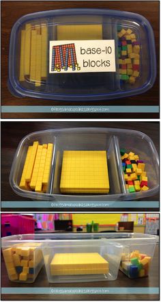 there are several different pictures of legos in the plastic container with labels on them