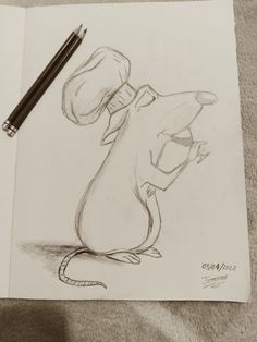 a pencil drawing of a rat with a hat on its head and tail, sitting next to a pen