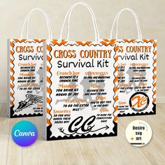 two bags with the words cross country survival kit and an image of a cat on it