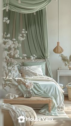 a bedroom with a canopy bed and green drapes