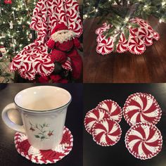 a cup and saucer sitting on top of a table next to a christmas tree