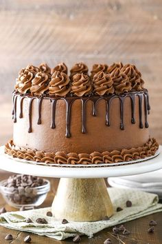 a chocolate cake sitting on top of a wooden table