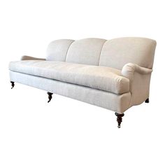 Beautiful english arm sofa is upholstered in a natural Belgian Linen, with down cloud cushions. Hardwood frame, no sag, foam, cotton, and poly fill. Hand-crafted in the USA Espresso legs, and brass casters Size: 86”w x 40”d x 35”hSH: 19”. SD:26” English Arm Sofa, Florence Knoll Sofa, American Sofa, English Roll Arm Sofa, Contemporary Pillows, Sofa Material, Rolled Arm Sofa, Classic Sofa, Linen Sofa