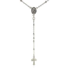 This elegant sterling silver rosary necklace features an elegantly decorated crucifix and fine, polished beads. Necklace is 26 inches long. Necklace Information Chain Type Bead Clasp Type Lobster Clasp Approximate Weight 8 gram(s) Rhodium Polish Yes Available Sizes 26 Metal 925 Sterling Silver " Elegant Silver Rosary Bracelet With Crucifix, Elegant Sterling Silver Crucifix Rosary, Elegant Silver Crucifix Rosary, Elegant Sterling Silver Rosary With Cross, Silver Beaded Chain Rosary, Silver Rosary, Rosary Necklace, Silver Jewelry Necklace, Zircon Jewelry