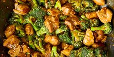 chicken and broccoli stir fry in a pan