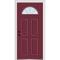 a red door with two sidelights on the top and bottom panel, against a white background