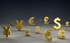 gold currency symbols are arranged in the shape of letters and numbers on a dark background royalty illustration