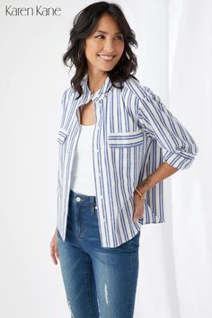 Spring Shirt Jacket Coastal Clothing, Chic Clothing Style, Outwear Women, Classic Denim Jacket, Update Your Wardrobe, Striped Jacket, Women's Casual Style